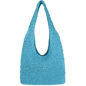 Women's Blue Large Straw Beach Bag Handmade Woven Shoulder Hobo Tote Handbag